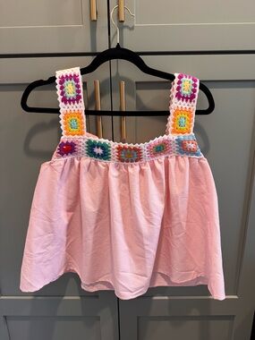 Source Unknown Pink Crop Top with Multicolor Crochet Straps